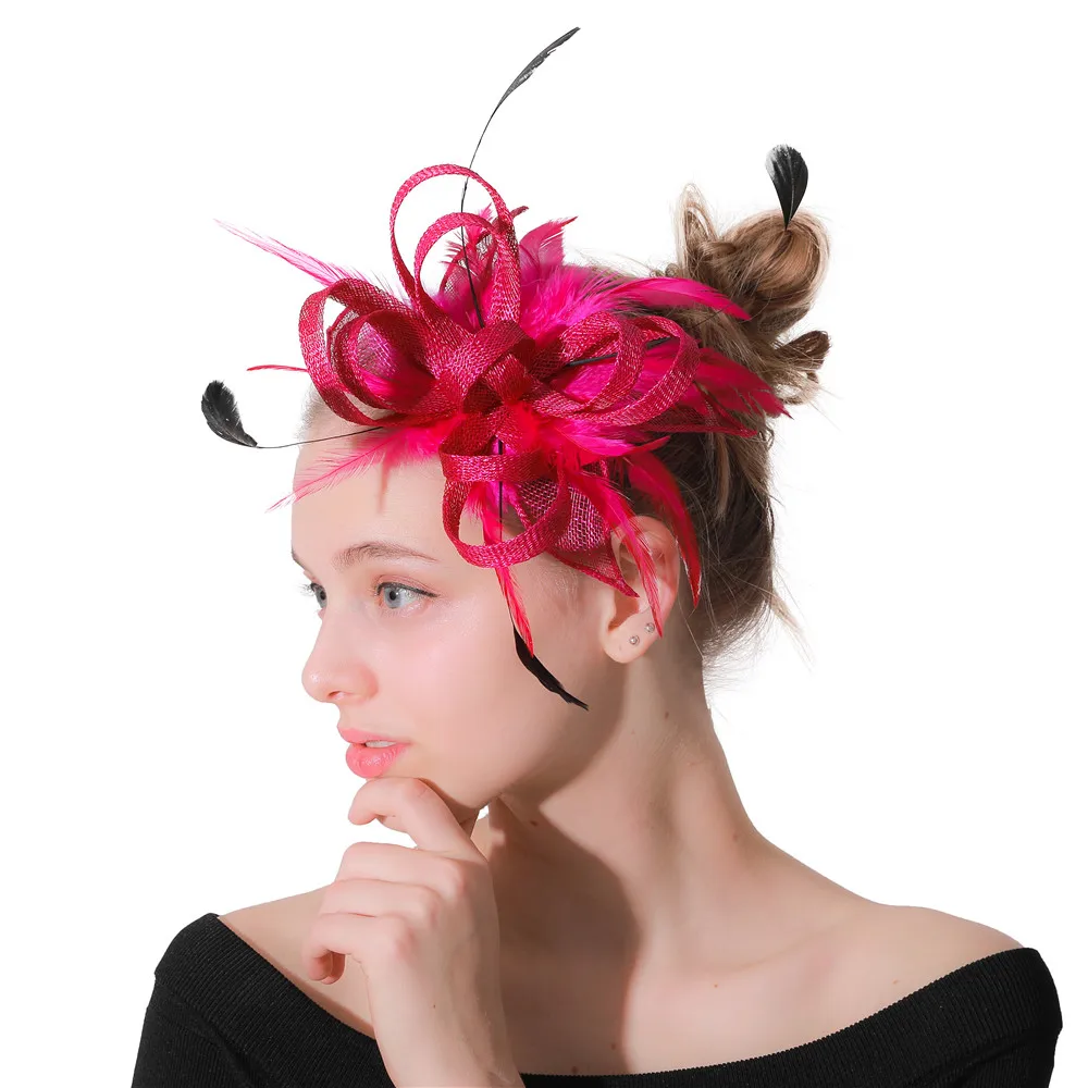 Magneta Colors Fashion Headwear Hair clips Elegant Cocktail Fascinator Female Women Accessories Hairpin With Fancy Feathers |