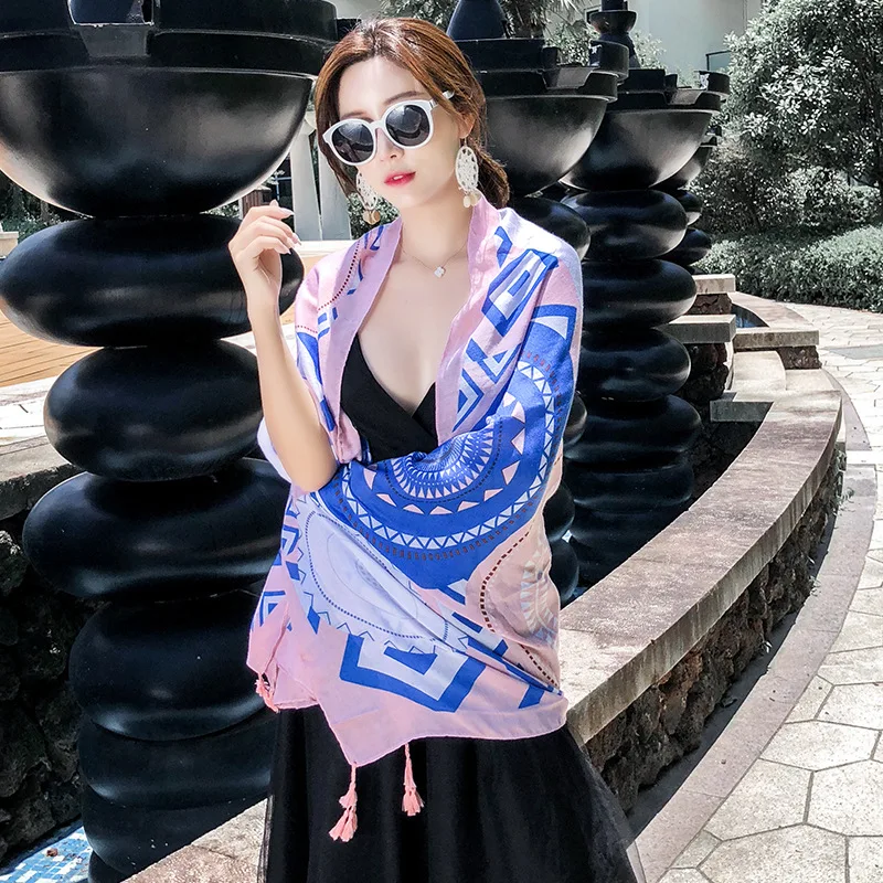 

Summer Ethnic Wind Scarf Female Tassel Printing Large Shawl Travel Silk Scarf Seaside Holiday Sunscreen Beach Wrap Towel