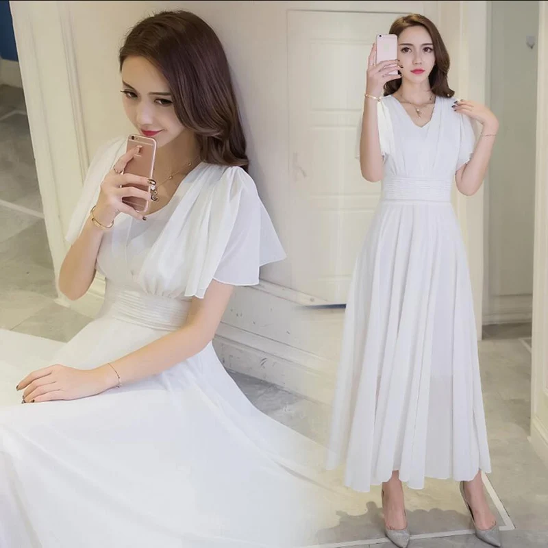 

2018 Summer New Bohemian Chiffon Dress Female Temperament Short Sleeve Printing Long Chiffon Dresses Women Clothing LY895