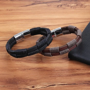 Braided Interlocking & Stitching Genuine Leather Bracelet 4