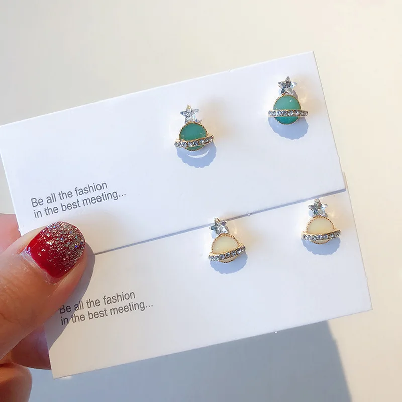 Korea Style Silver Needle Cute Stud Earrings Rhinestone Universe Planet Saturn Star Small for Women Trendy Accessories | Украшения и