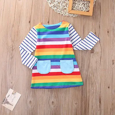 Модное радужное платье для девочек от 1 года до 7 лет с длинным рукавом