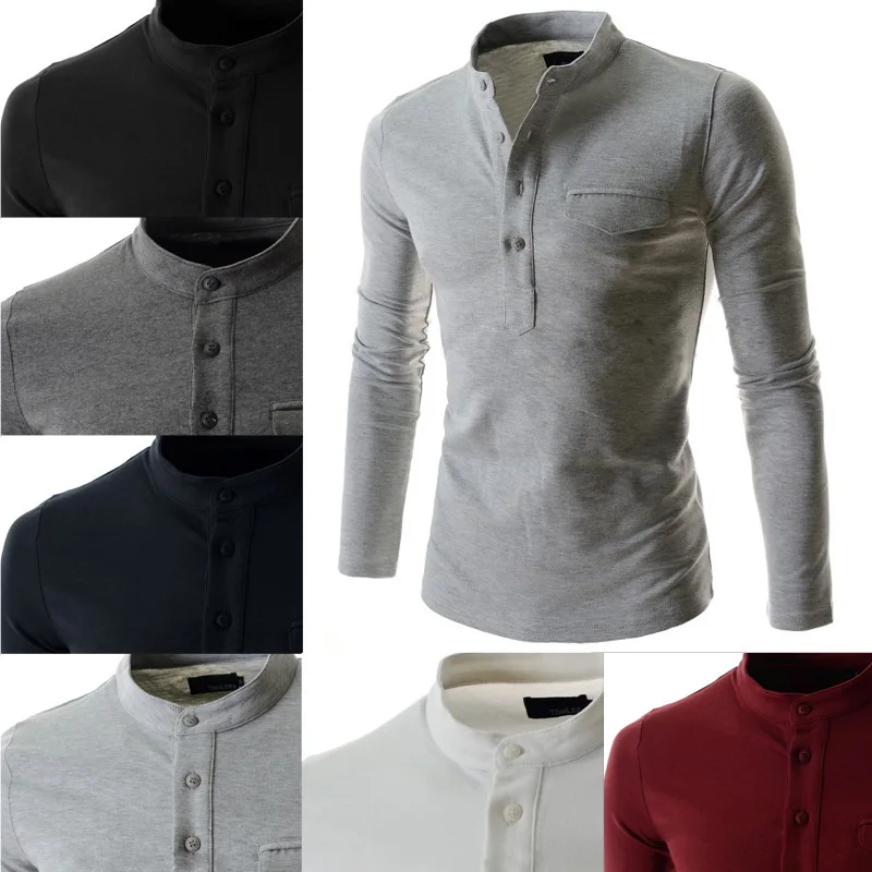 Новая Осенняя Однотонная рубашка поло с длинными рукавами и воротником стойкой