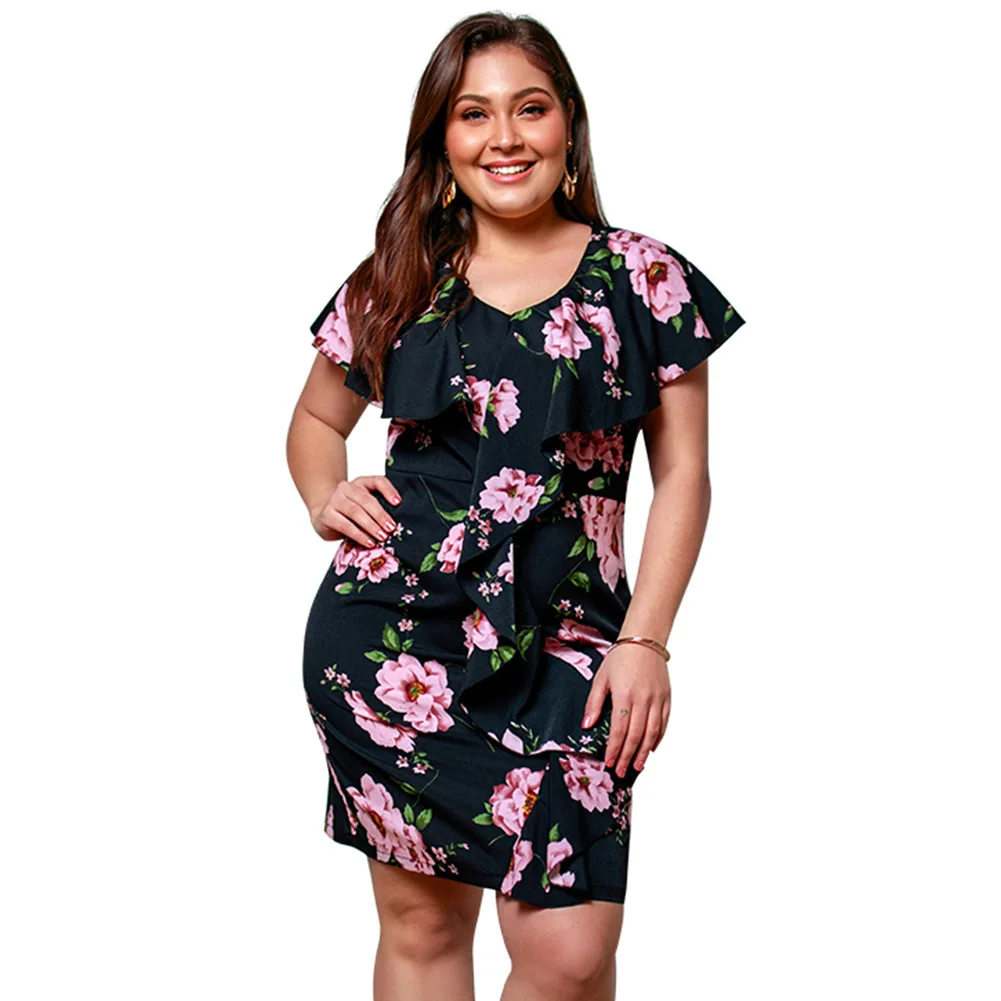 Bohemia floral print plus size bodycon women dress elegant V-neck short summer sleeve ruffles mini party | Женская одежда