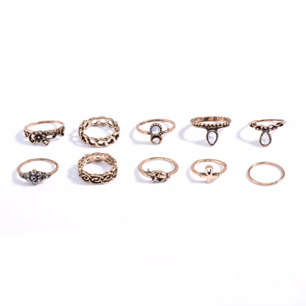 10 Pcs/Set Women Rings Set Bohemia Style Fashion Trend Finger Gold Silver Female Jewelry Elephant Moon Water Drop RS1111 | Украшения и