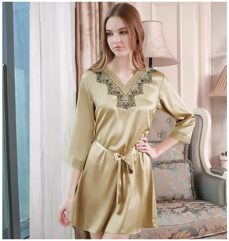 Чистый Шелк Пижамы Шелк Тутового Вышивка Ночная Рубашка M/L/XL