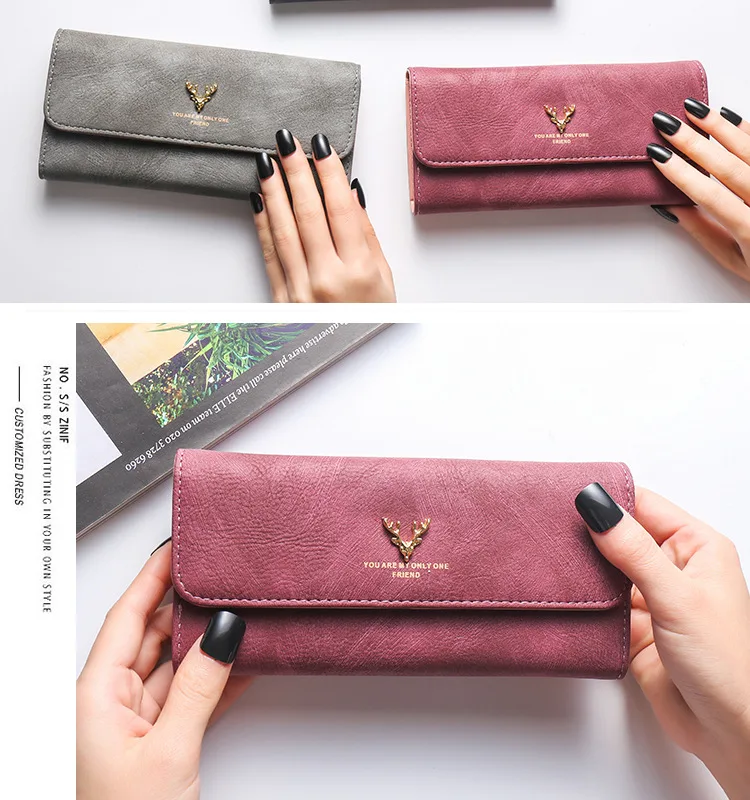 Women's Wallet Korean Version Stylish Frosted Clutch Bag Long Deer Head Zipper Buckle Wallet