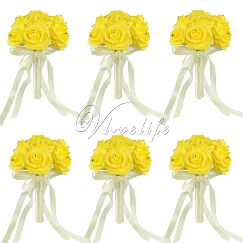 6 шт. Свадебный букет невесты Искусственные цветы розы из пены с шелковыми