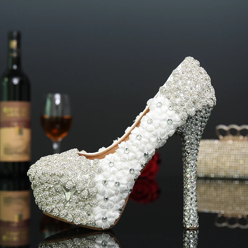 

Crystal Women Wedding Shoes Flowers Diamand Pumps Bridal Party Super High Heel Slip On Round Toe Platform Shoes Sexy Laidy