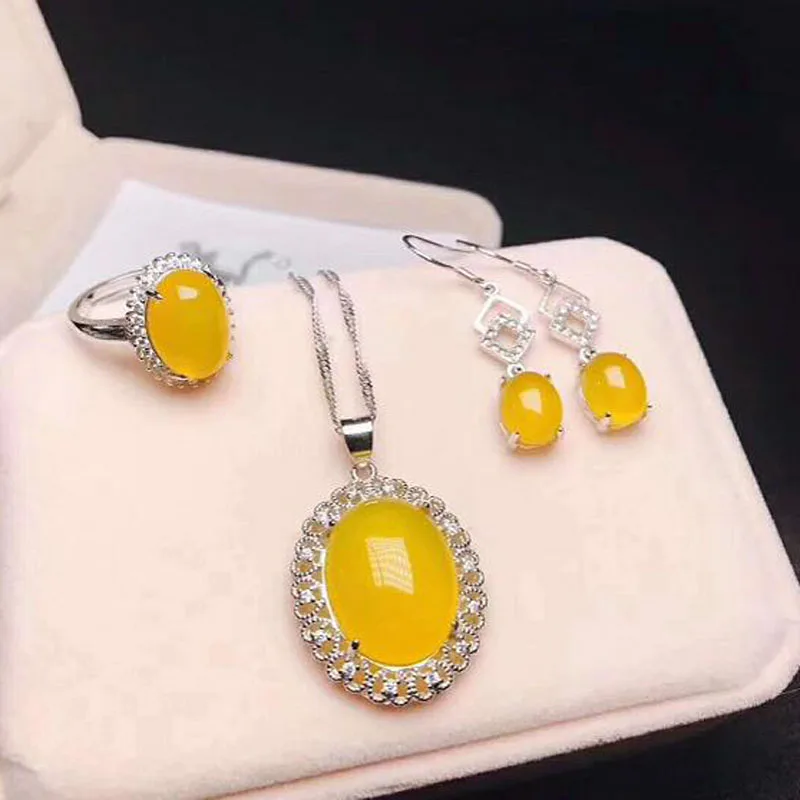 Ювелирные изделия из натурального желтого халцедона кольцо серьги с подвеской