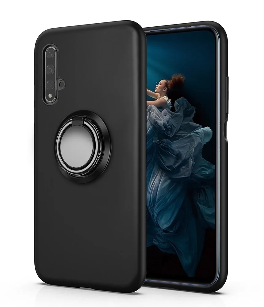 Black -Finger Ring 2 Роскошный противоударный чехол-броня для huawei honor 20, чехол для телефона, задняя крышка для huawei honor 20 pro, силиконовый чехол-держатель honor 20 - Цвет: Black -Finger Ring 2