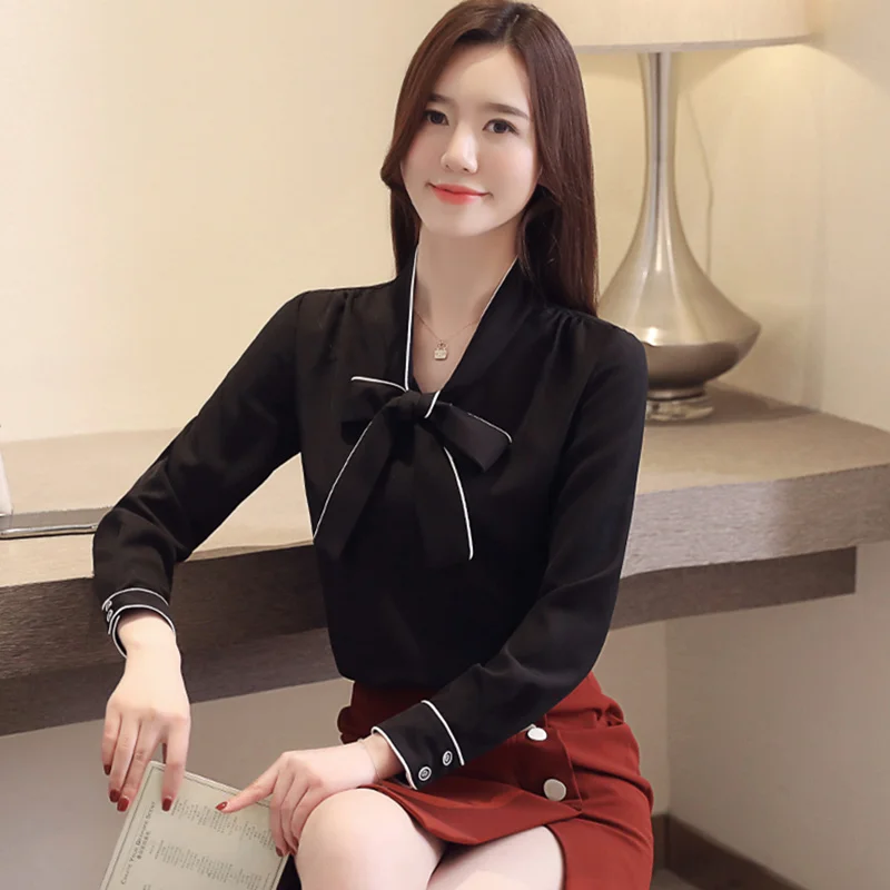 

Women Blouse 2019 Long Sleeve Chiffon Women's Shirt Bow Patchwork Women Clothing White And Black Color Feminine Blouses Blusas