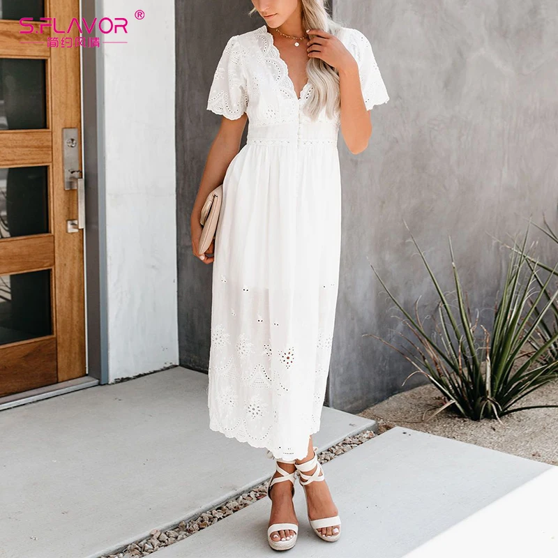 Женское ажурное платье S.FLAVOR летнее хлопковое с коротким рукавом и V образным