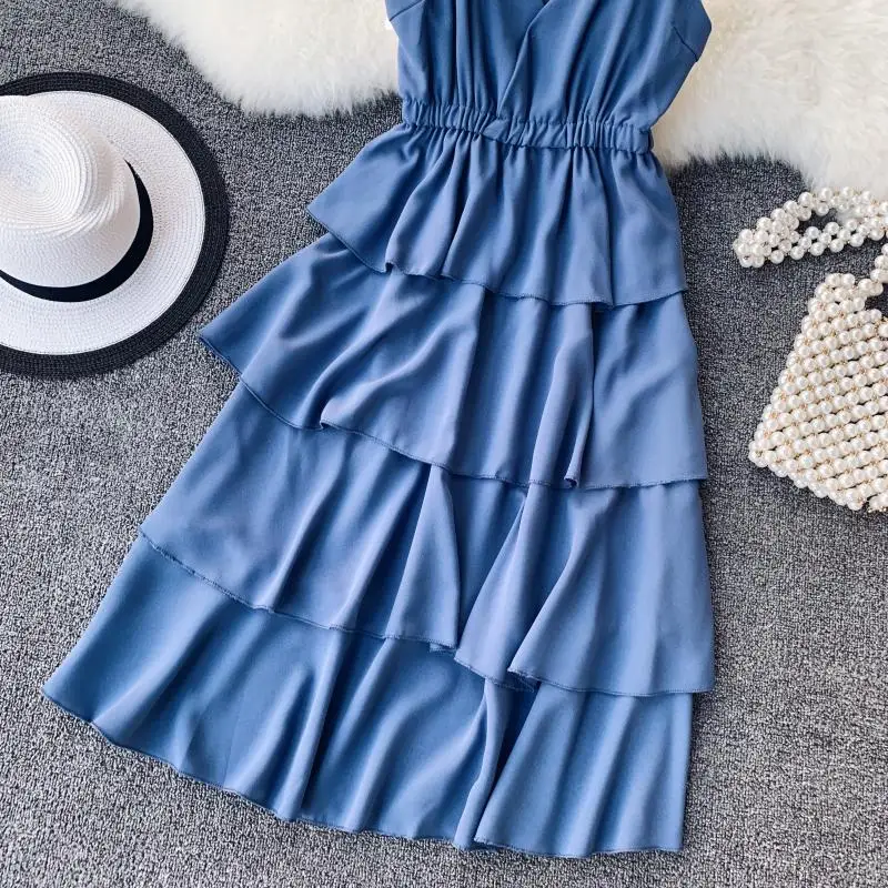 

Ruffles V Neck Fashion New Sexy Summer Spaghetti Strap Midi Dress Party Women Casual Evening Beach Cake High Waist Vestidos