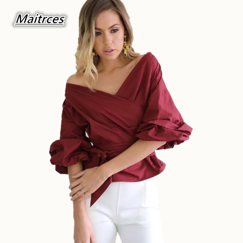 Sexy ruffle chiffon blouse shirt Spring puff sleeve deep v neck women blouses 2018 Casual transparent streetwear blouse XF024