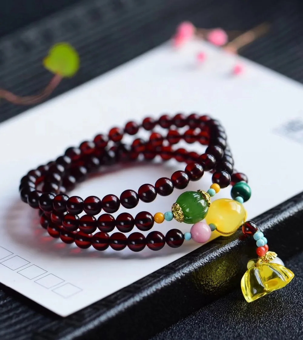 5.5mm Natural Blood Amber 3 Laps Bracelet Lotus Pendant Women Gift Stretch Crystal Fitness Bead Fashion Jewelry | Украшения и