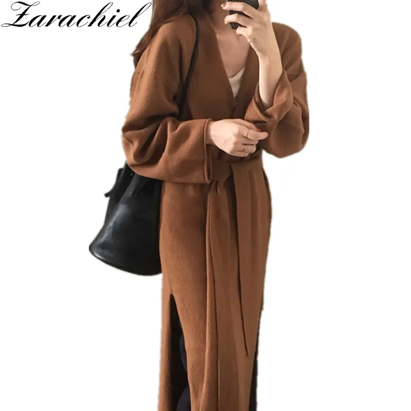 Ladies Loose Cardigan Sweater 2018 Winter Women Solid Knitted Long Kimono Split Overcoat Soft With Belt Outwear |