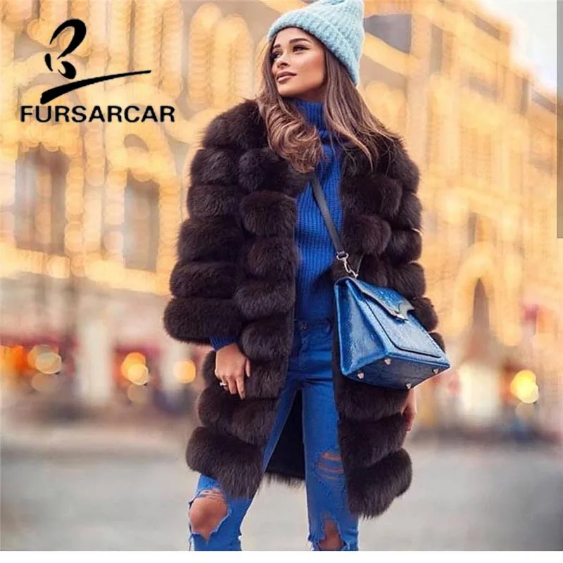 Женское меховое пальто FURSARCAR теплое из натурального Лисьего меха с круглым