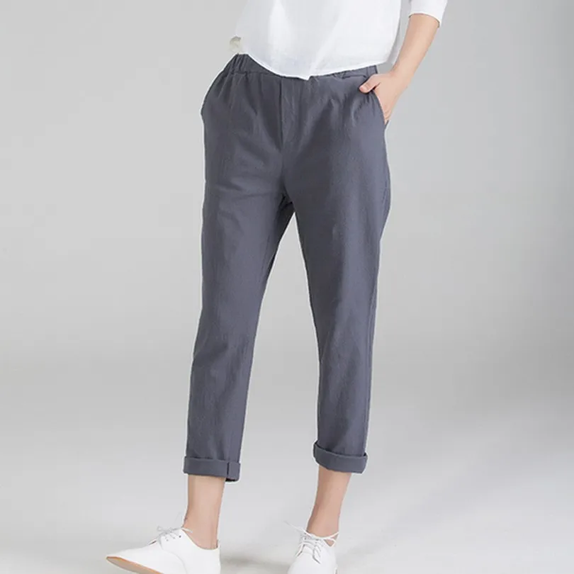 Женские льняные брюки с эластичной резинкой на талии однотонные большие размеры