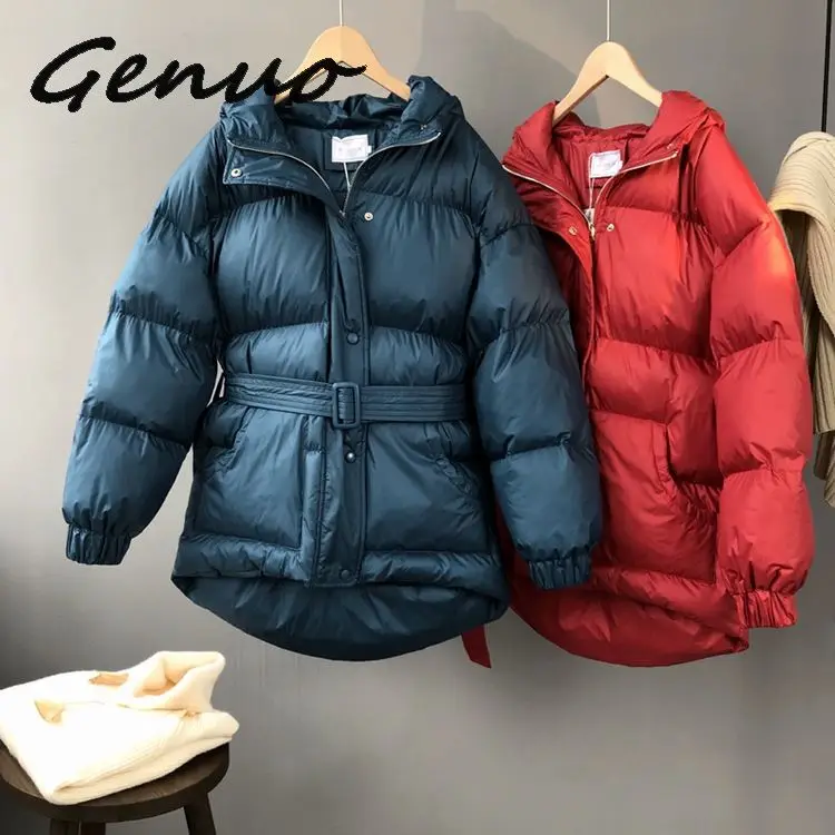 Genuo New Three Color Solid Women Parkas Hooded Zipper Single Breasted Coat Winter Thick Korean Fashion Sashes Jacket
