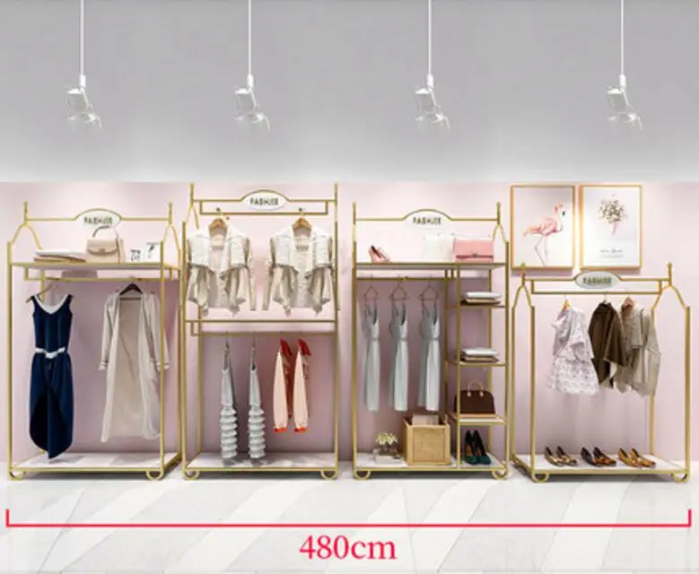 Europe type gold dress shop rack rack high grade clothes rack shoes bag double layer clothing display rack
