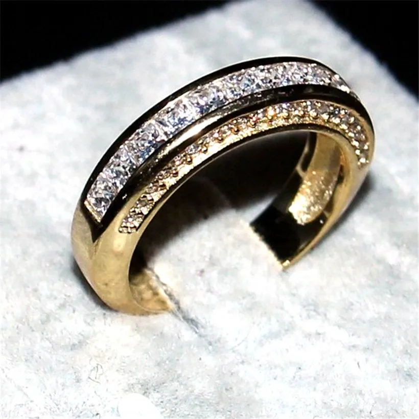 Choucong изделия класса люкс 7*7 мм Принцесса cut 15ct 5a Циркон 2-в-1 кольцо 14KT желтого золота обручальное кольцо с нашивкой в виде кольца на безымянном пальце для Для женщин