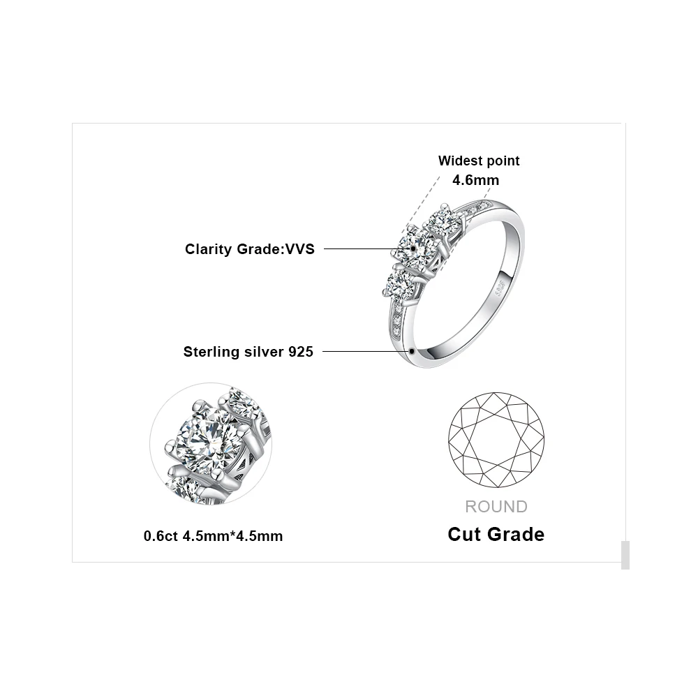 JewelryPalace 3 камня 1.3ct кубического циркония обещание Свадьба Обручение кольцо стерлингового серебра 925
