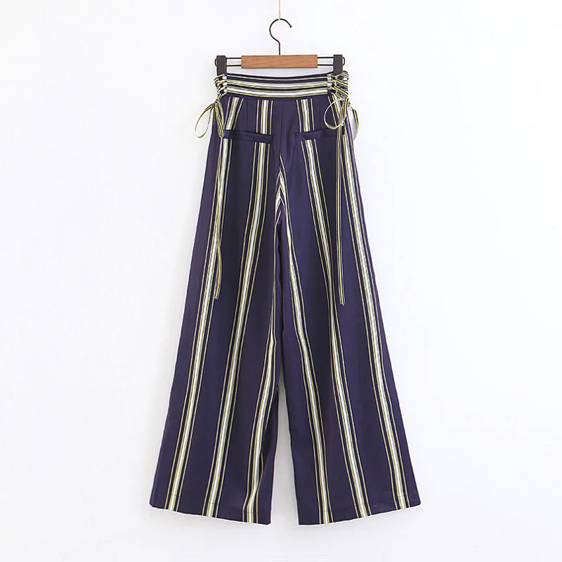 Ремень на талии регулируемый в полоску с завышенной талией широкие брюки Модные