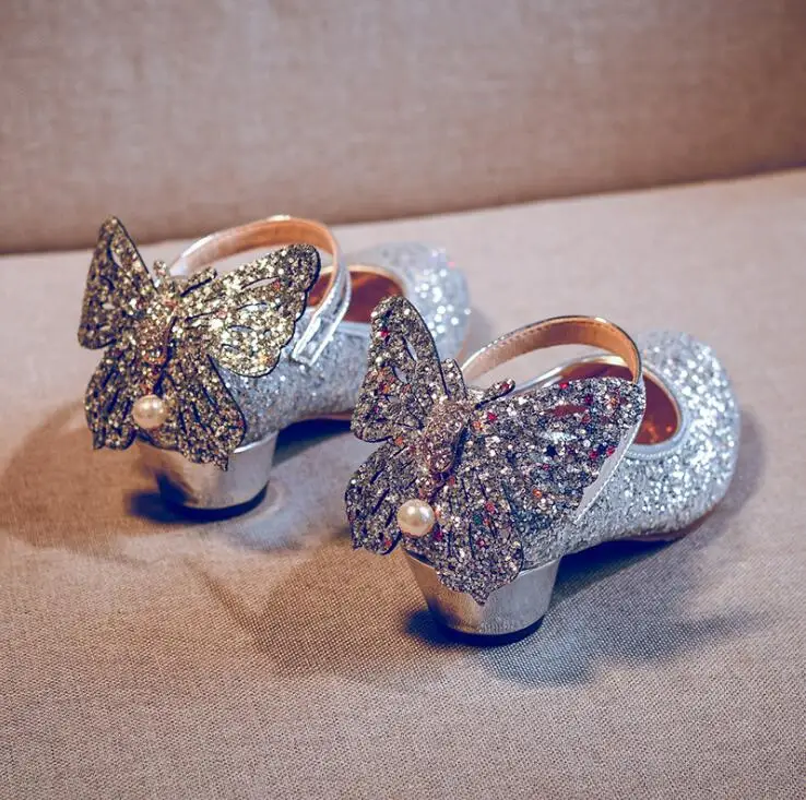 Fantasy fashion sequins Girls high heel princess shoes spring and autumn new Korean version butterfly children's shoes