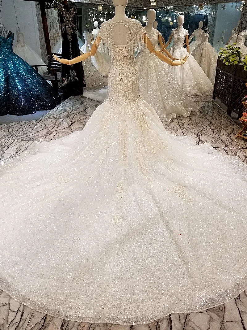 LS42663 роскошное Русалка Свадебные платья с круглым вырезом расшитое бусинами