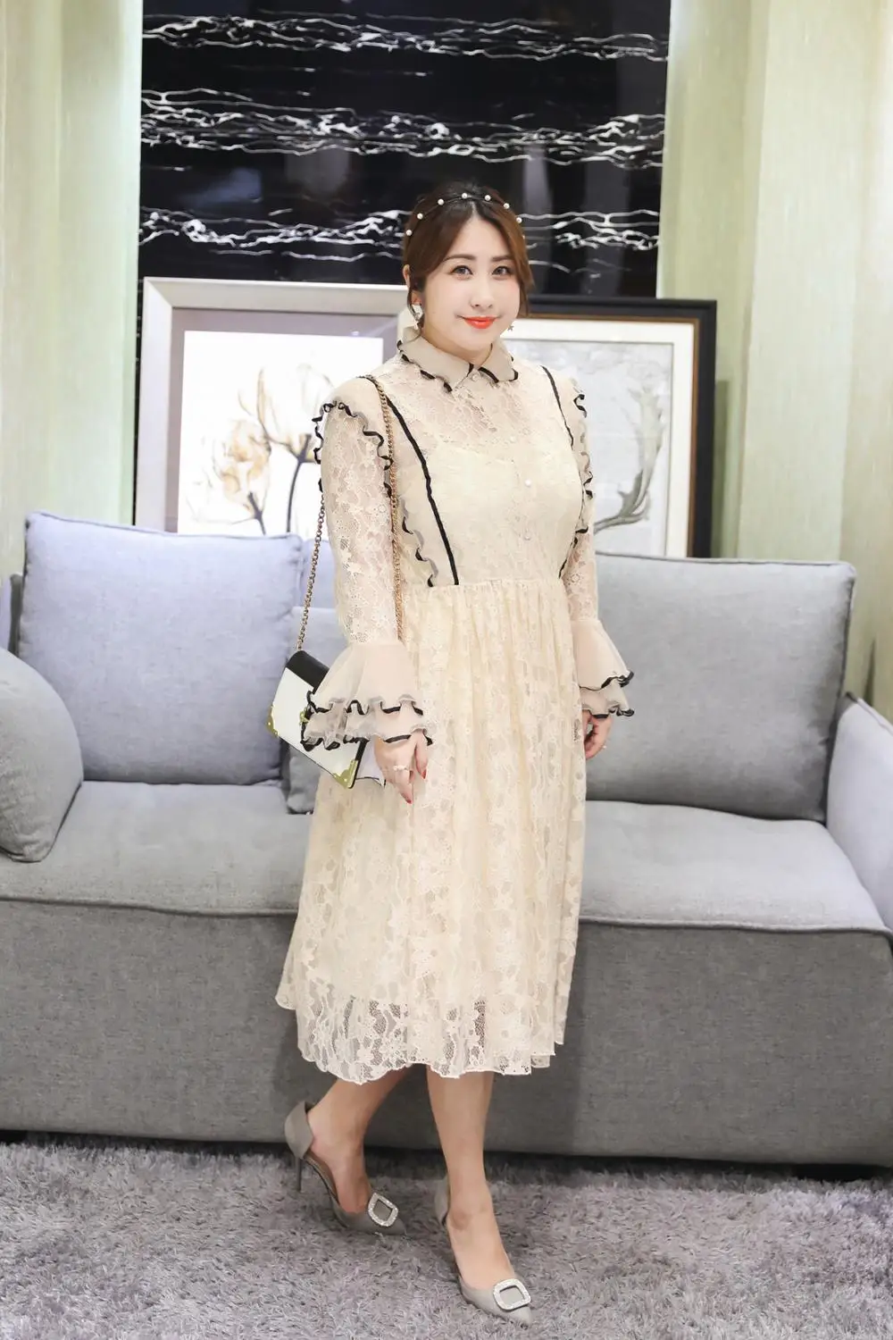 MINSUNDA Plus Size Button Up Layer Ruffle Cuff Lace Elegant Dress Women Lapel Long Sleeve Party Office Ladies A Line | Женская одежда