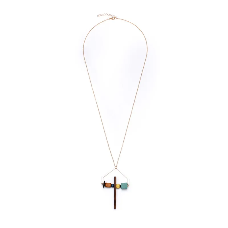 new free shipping fashion ladies jewelry Geometric figure multi - element with wood pendant metal girl necklace design Trend | Украшения и