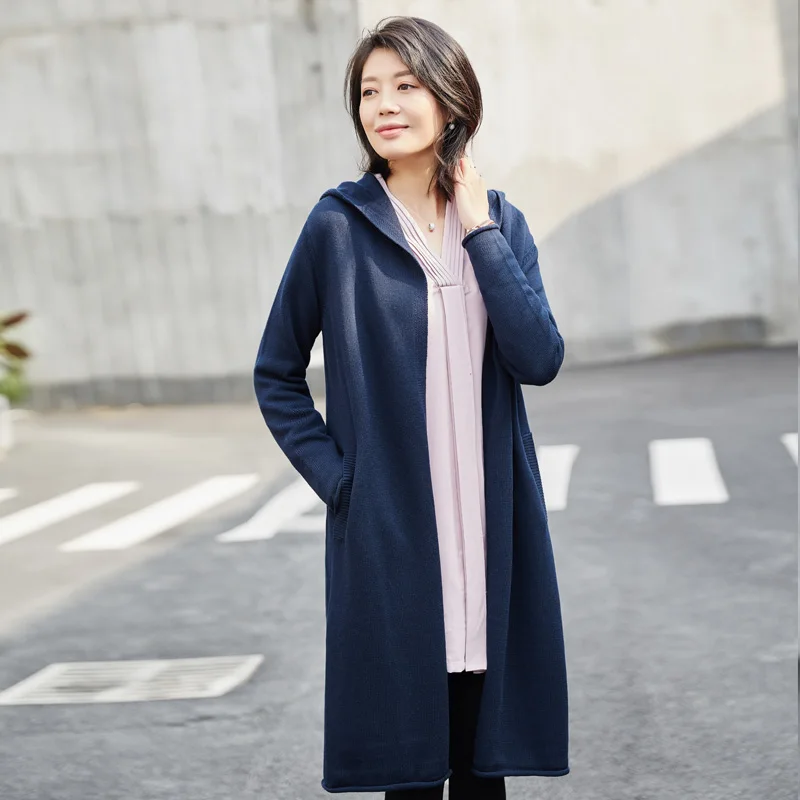 Большой размер Весна и осень женский 2018 Новый Хлопковый вязаный кардиган длинный