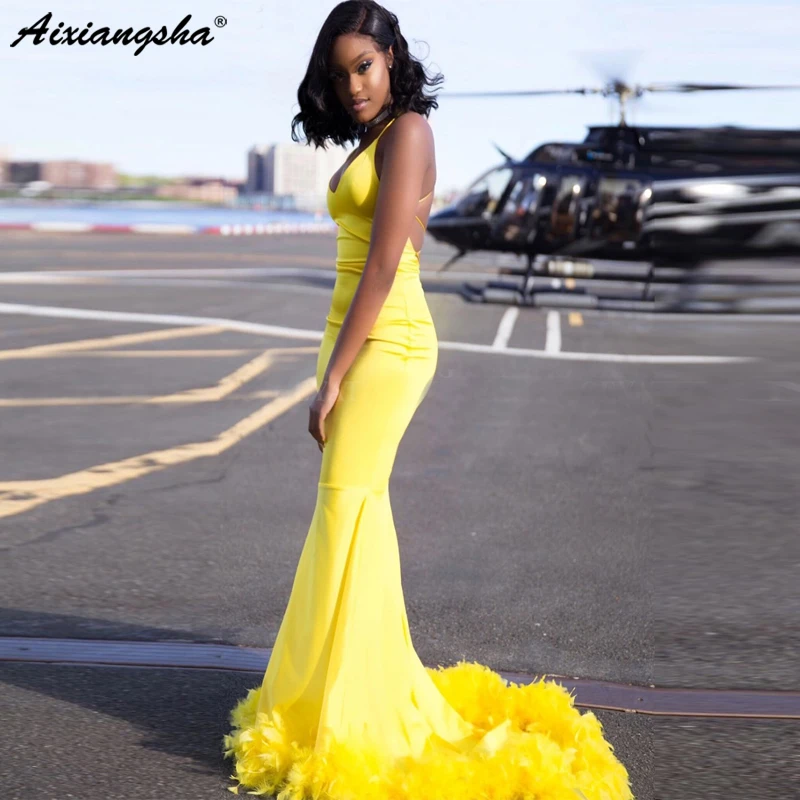 Сексуальное платье для выпускного вечера Русалка с v образным вырезом Желтый и