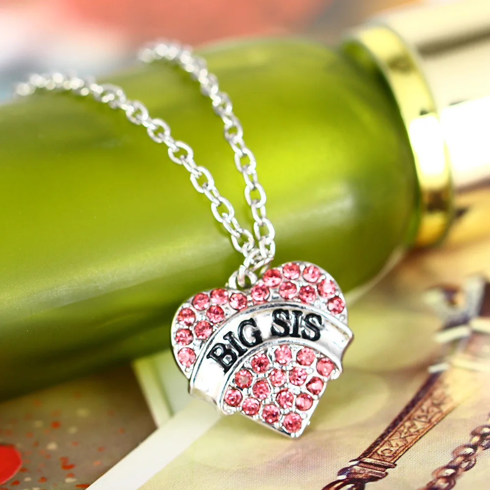 Silver Plated Friend Heart Pink Crystal Big sis Chic Engrave Fashion Pendant Necklace Chain Gifts Family Jewelry | Украшения и