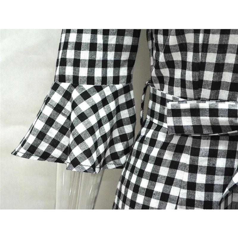 Summer Spring Half Flare Sleeves Slash Neck Sexy Women Mini Dress Plaid Ruffles High Waist Bow Trumpet Patchwork Ladies Dresses | Женская