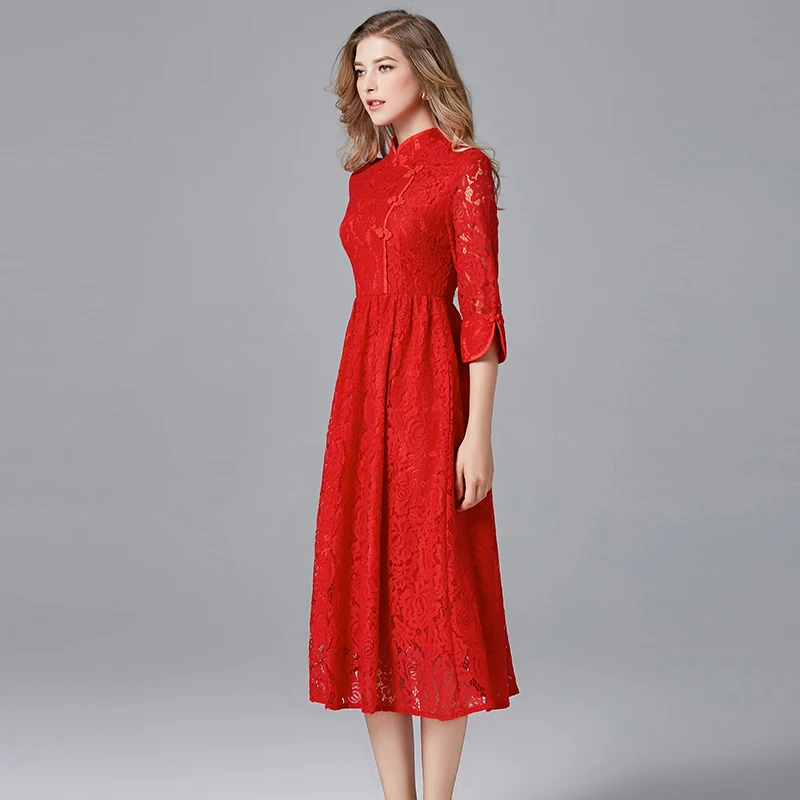TAOYIZHUAI 2019 New Arrival Winter Women Red Dress Plus Size L Hollow Out Fit And Flare Thicken Lace Long 14152(R) | Женская одежда