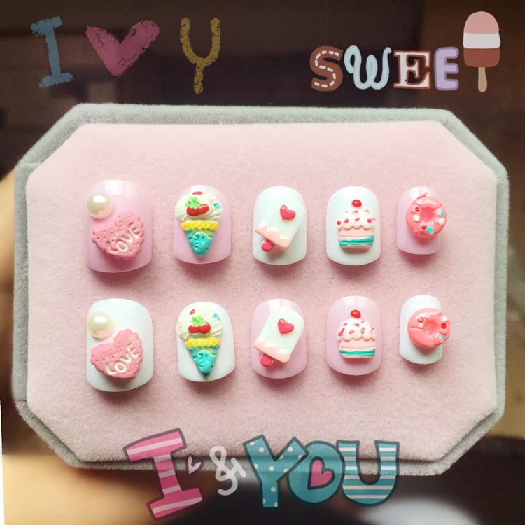 Японский крем торт из конфет серии с рисунком мороженого 3D Поддельные ногти