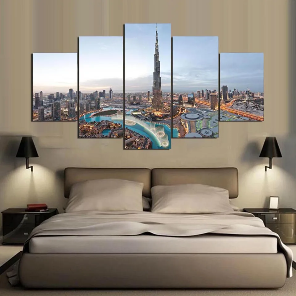 HD Printed Painting Home Decor 5 Panel Dubai Building City Landscape Modern Living Room Wall Art Posters Frame Modular Pictures | Дом и сад