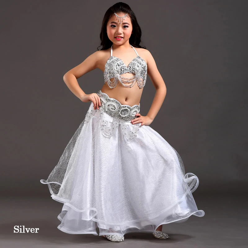 Silver Новые детские костюмы для танца живота, танцевальная одежда для девочек, одежда для выступлений, детские костюмы для восточных танцев, индийские костюмы для танца живота, комплекты из 2 предметов/3 шт - Цвет: Silver