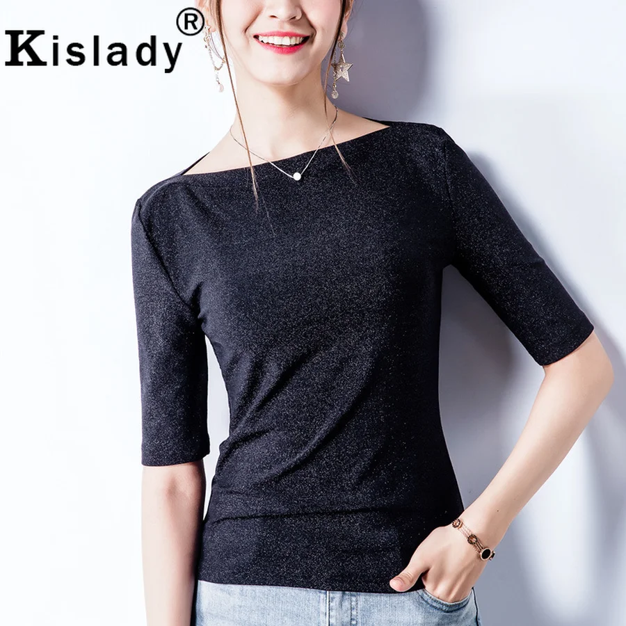 Kislady, блестящая шелковая Сексуальная женская рубашка с вырезом лодочкой, летняя модная Милая рубашка с коротким рукавом, черная, золотая, элегантная, однотонная, женская футболка
