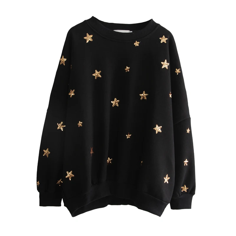 

PERHAPS U Women Autumn Winter Crew Neck Black Star Sequined Bling Sweatshirts Pullovers Casual H0037