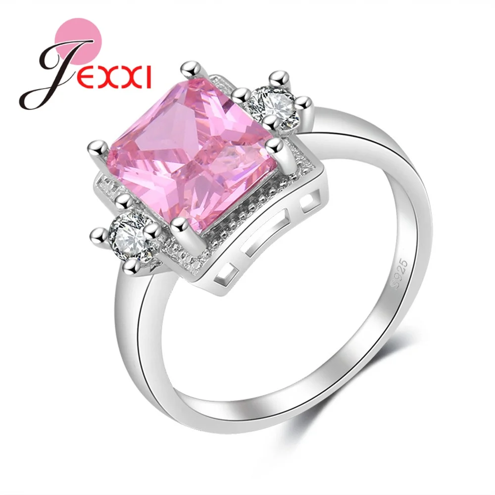 

Romantic Square Pink Crystal Wedding Engagement 925 Sterling Silver Rings For Women Bands Style Valentine's Day Ring Gift