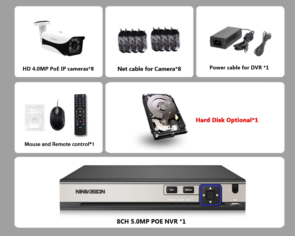 NINIVISION H.265 8CH 5MP POE Система NVR с 8 шт. 4MP Onvif POE IP камеры видеонаблюдения Камера с HD CCTV комплект камеры наблюдения