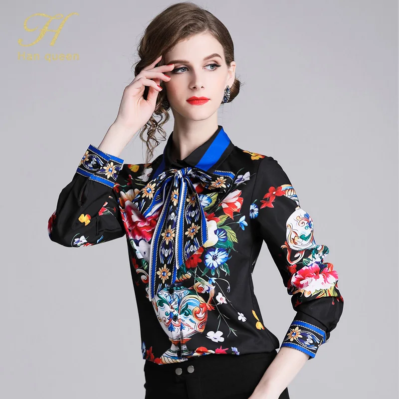 H Han queen/Винтажные шифоновые рубашки с бантом и принтом, женские блузы, Женские повседневные блузки с цветочным принтом, офисные блузки, деловая рубашка