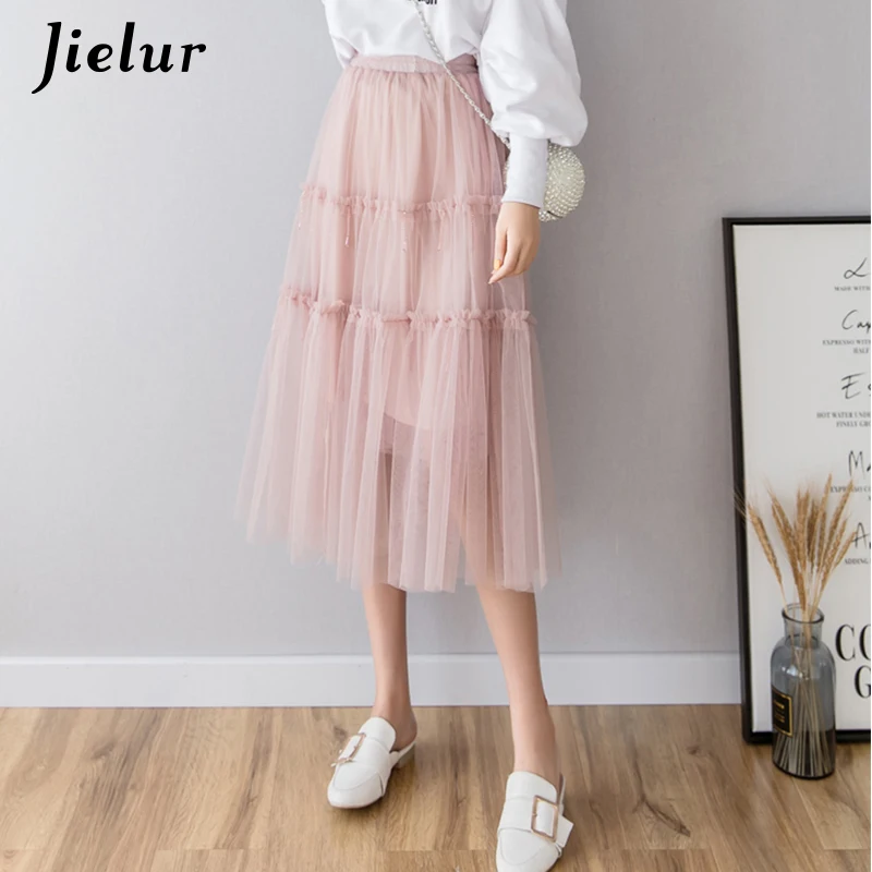 Jielur сетчатые летние тюлевые юбки однотонные женские плиссированные 2019 шикарные