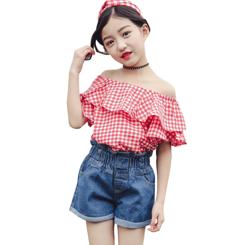 Комплект детской одежды летняя одежда для девочек клетчатая рубашка с короткими