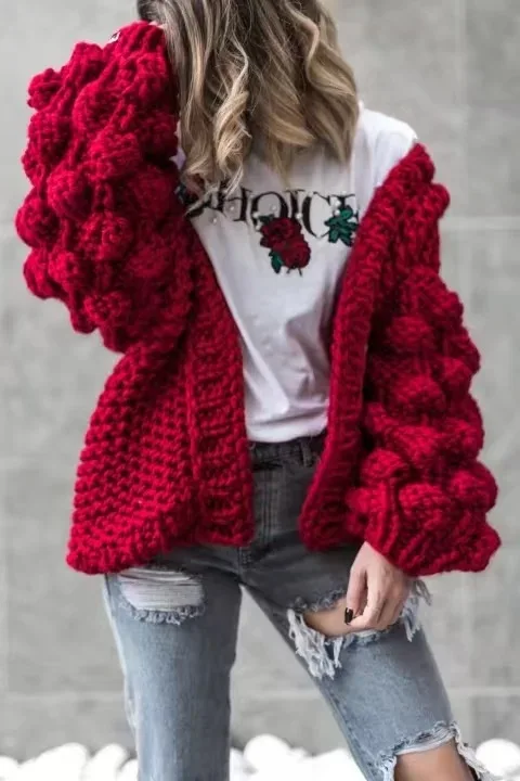 Women Fashion Korean American Long Lantern Sleeve Knitting Cardigan sweater Knitted Casual Warm Shawl Sweater |
