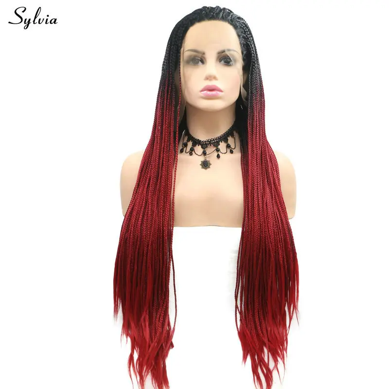 Sylvia Braided Box Braids Wig Black Roots Ombre Purple Red Grey Synthetic Lace Front Wigs For Women Long Afro Party Cosplay Hair | Шиньоны и