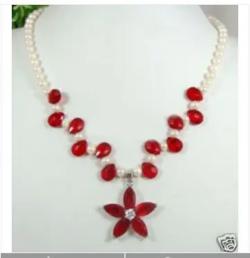 

Charming White Pearl Red jades flower Pendants necklace